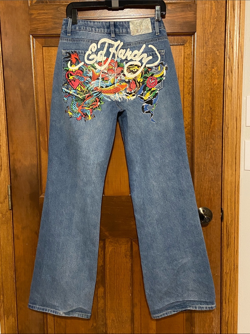 Ed Hardy Y2K-style baggy back tattoo koi print jeans Unique Size 28x33” - Picture 3 of 15